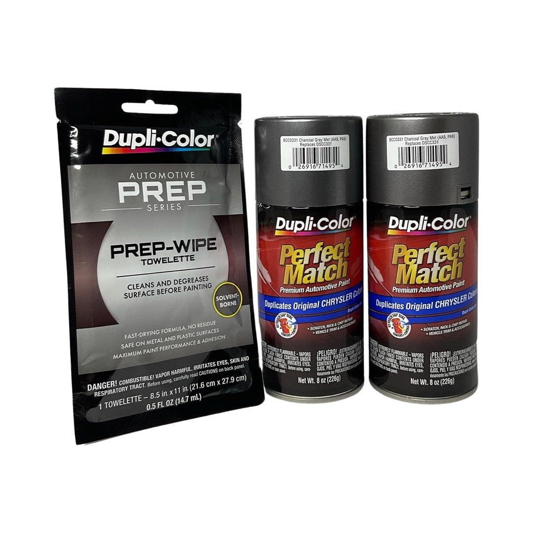 Dupli-Color BCC0331 2 Pack + Prep Wipe Bundle - Chrysler Charcoal Gray Metallic Perfect Match Automotive Spray Paint - 8 oz. cans with Prep Wipe (3 Items)