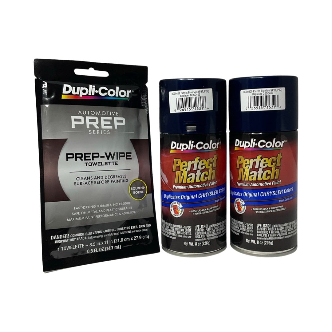 Dupli-Color BCC0409 2 Pack + Prep Wipe Bundle - Chrysler Patriotic Blue Metallic Perfect Match Automotive Spray Paint - 8 oz. cans with Prep Wipe (3 Items)