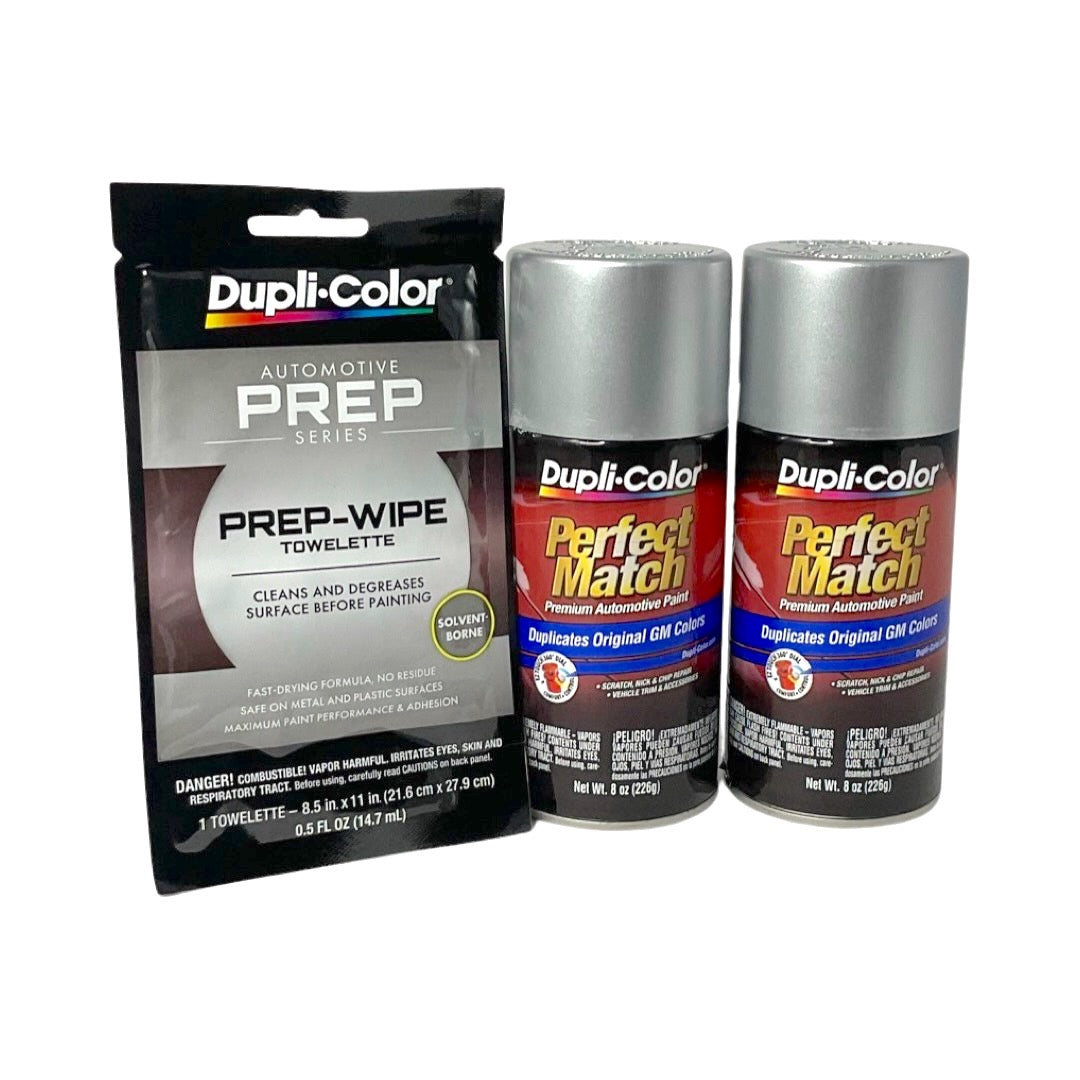 Dupli-Color BGM0340 2 Pack + Prep Wipe Bundle - GM Silver Metallic Perfect Match Automotive Spray Paint - 8 oz. cans with Prep Wipe (3 Items)