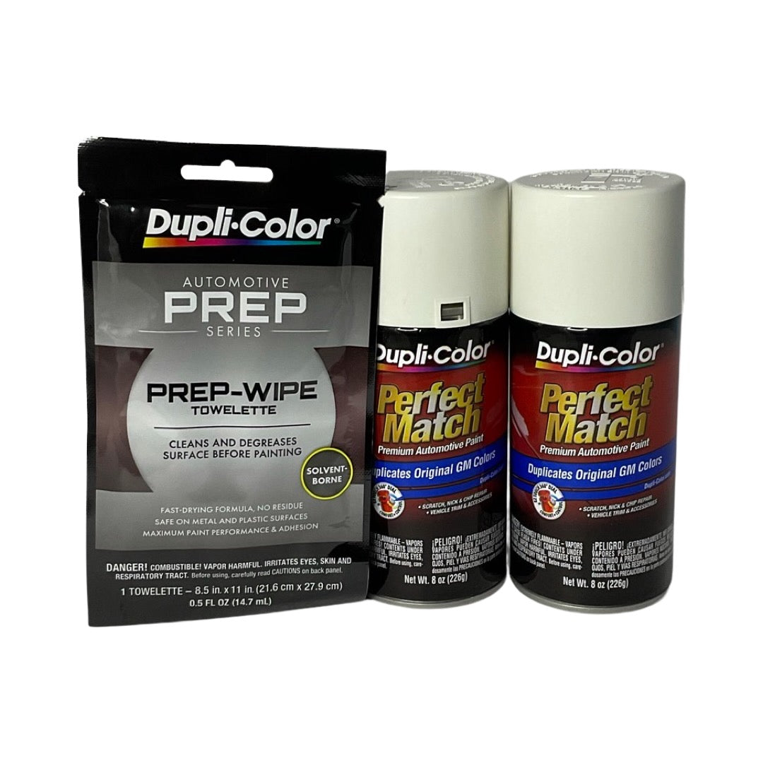 Dupli-Color BGM0434 2 Pack + Prep Wipe Bundle - GM Olympic White Perfect Match Automotive Spray Paint - 8 oz. cans with Prep Wipe (3 Items)