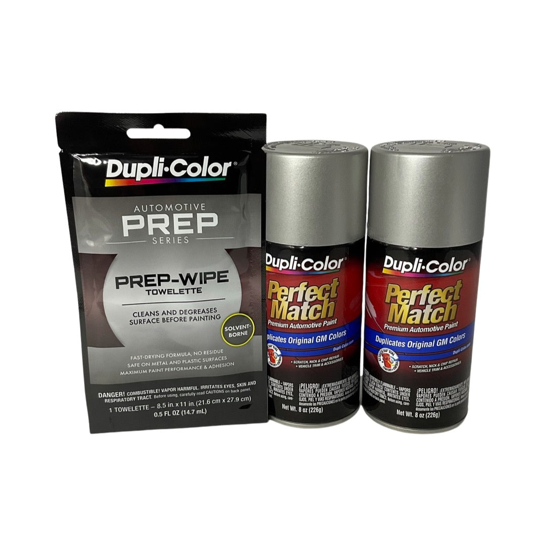 Dupli-Color BGM0528 2 Pack + Prep Wipe Bundle - GM Fine Silver Birch Metallic Perfect Match Automotive Spray Paint - 8 oz. cans with Prep Wipe (3 Items)