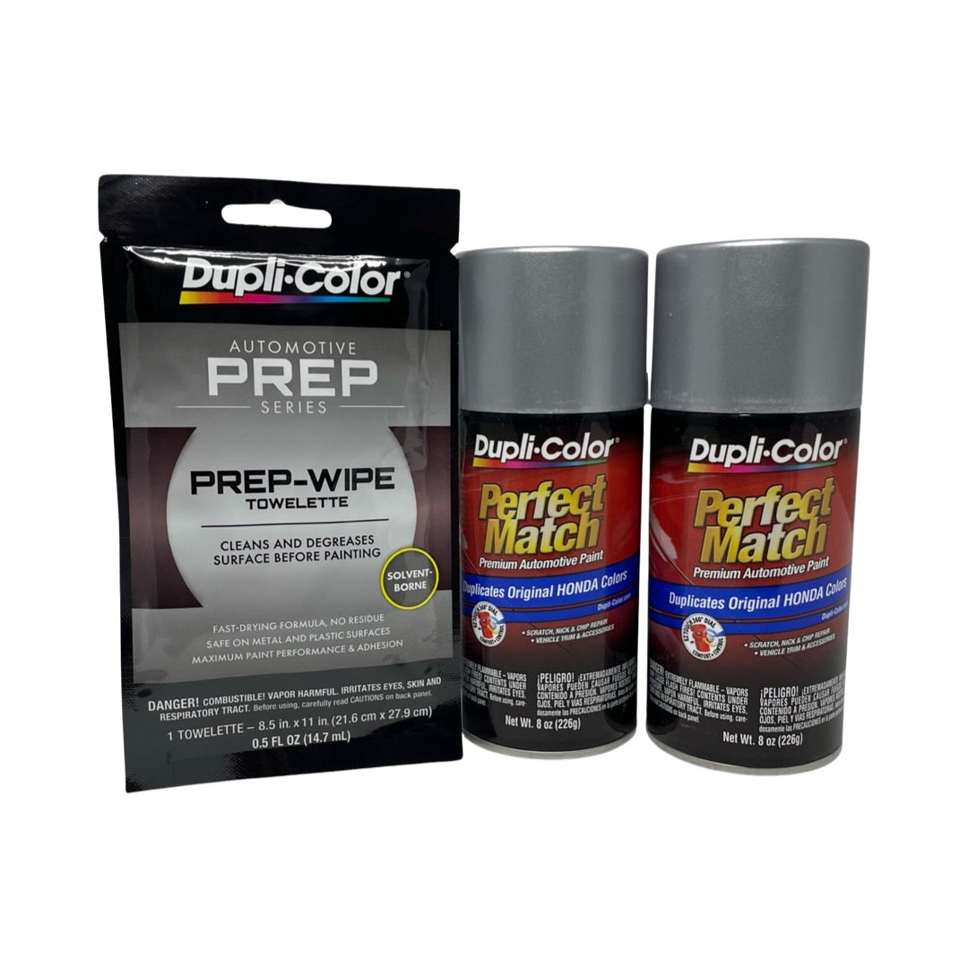 Dupli-Color BHA0971 2 Pack + Prep Wipe Bundle - Honda Satin Silver Metallic Perfect Match Automotive Spray Paint - 8 oz. cans with Prep Wipe (3 Items)