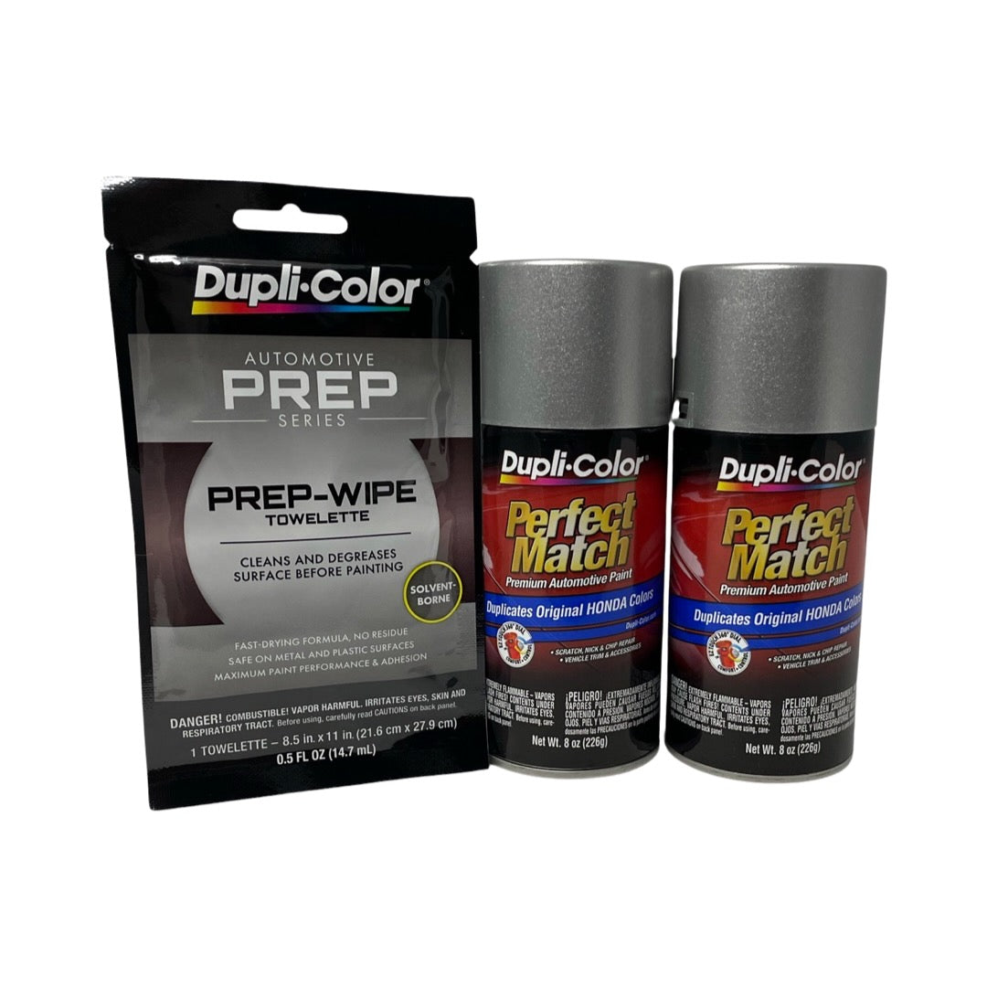Dupli-Color BHA0987 2 Pack + Prep Wipe Bundle - Honda Alabaster Silver Metallic Perfect Match Automotive Spray Paint - 8 oz. cans with Prep Wipe (3 Items)