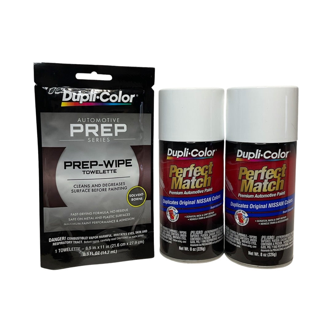 Dupli-Color BNS0562 2 Pack + Prep Wipe Bundle - Nissan Super White Perfect Match Automotive Spray Paint - 8 oz. cans with Prep Wipe (3 Items)