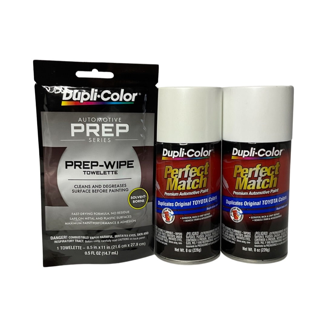 Dupli-Color BTY1626 2 Pack + Prep Wipe Bundle - Toyota White Pearl Perfect Match Automotive Spray Paint - 8 oz. cans with Prep Wipe (3 Items)