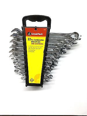 GreatNeck 51029 22 piece SAE & Metric Combination Wrench Set-Steel Forged-Chrome