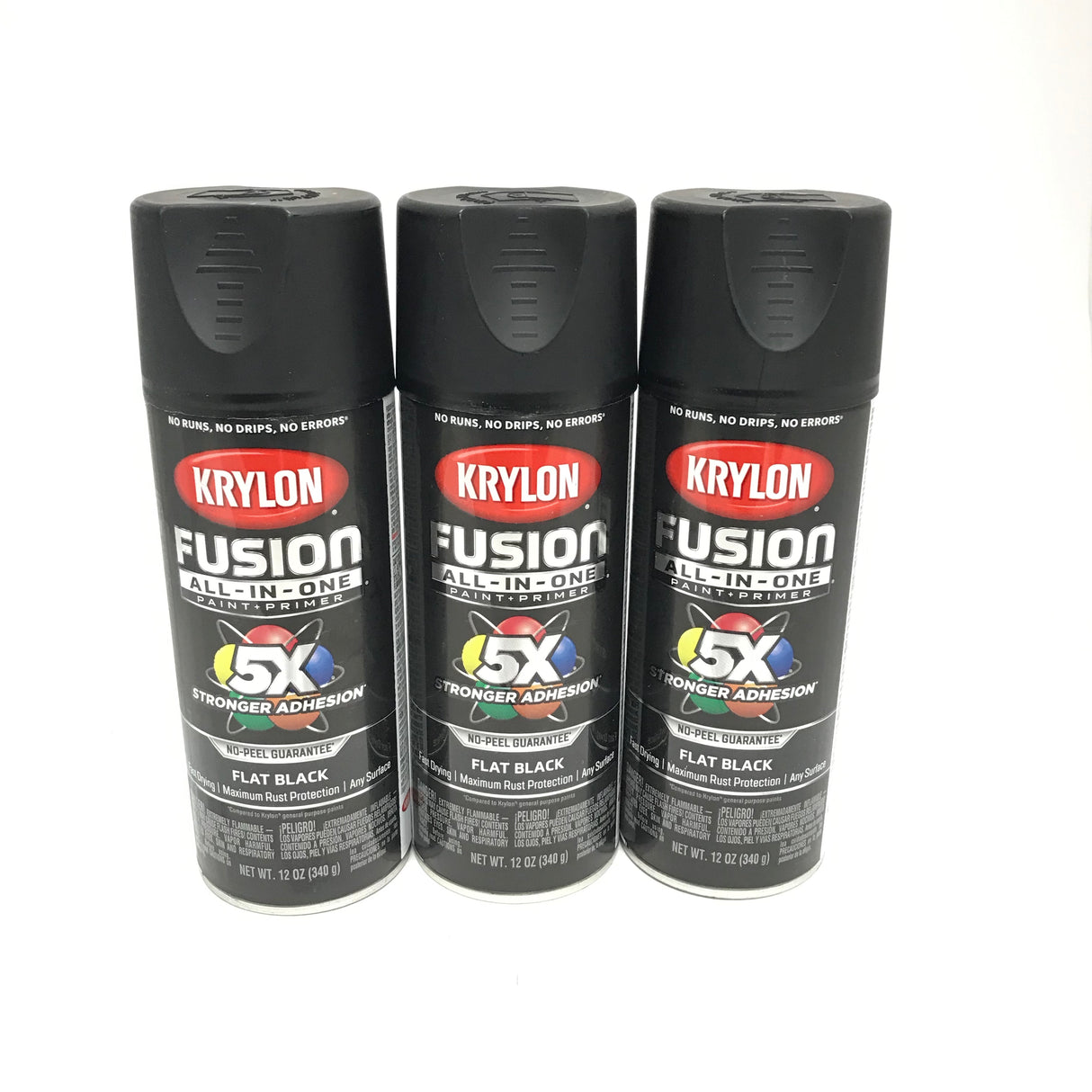 KRYLON 2728-3 PACK FLAT BLACK All-In-One Fusion Paint & Primer - No-Peel - 12 oz Aerosol