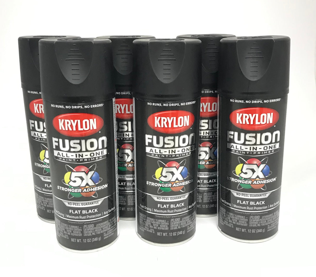 KRYLON 2728-6 PACK FLAT BLACK All-In-One Fusion Paint & Primer - No-Peel - 12 oz Aerosol