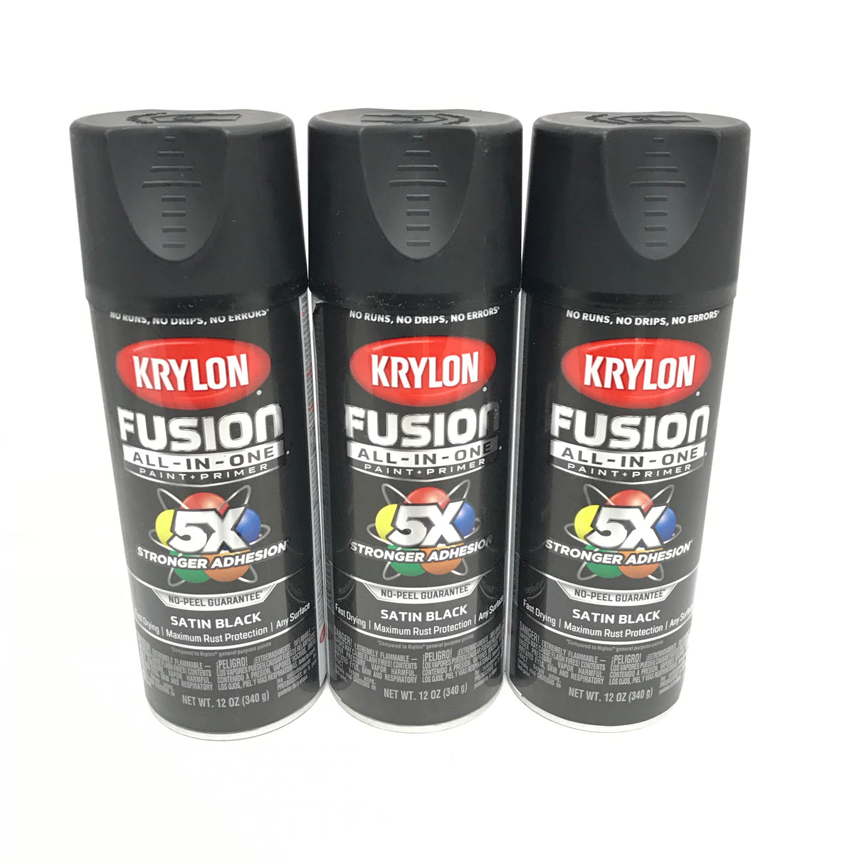 KRYLON 2732-3 PACK SATIN BLACK All-In-One Fusion Paint & Primer - No-Peel - 12 oz Aerosol