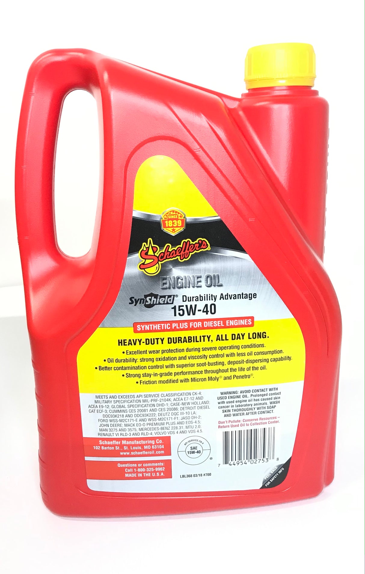Schaeffers 0700CK4-006S SynShield Durability Advantage 15W-40 Diesel Engine Oil - gallon - 6 PACK